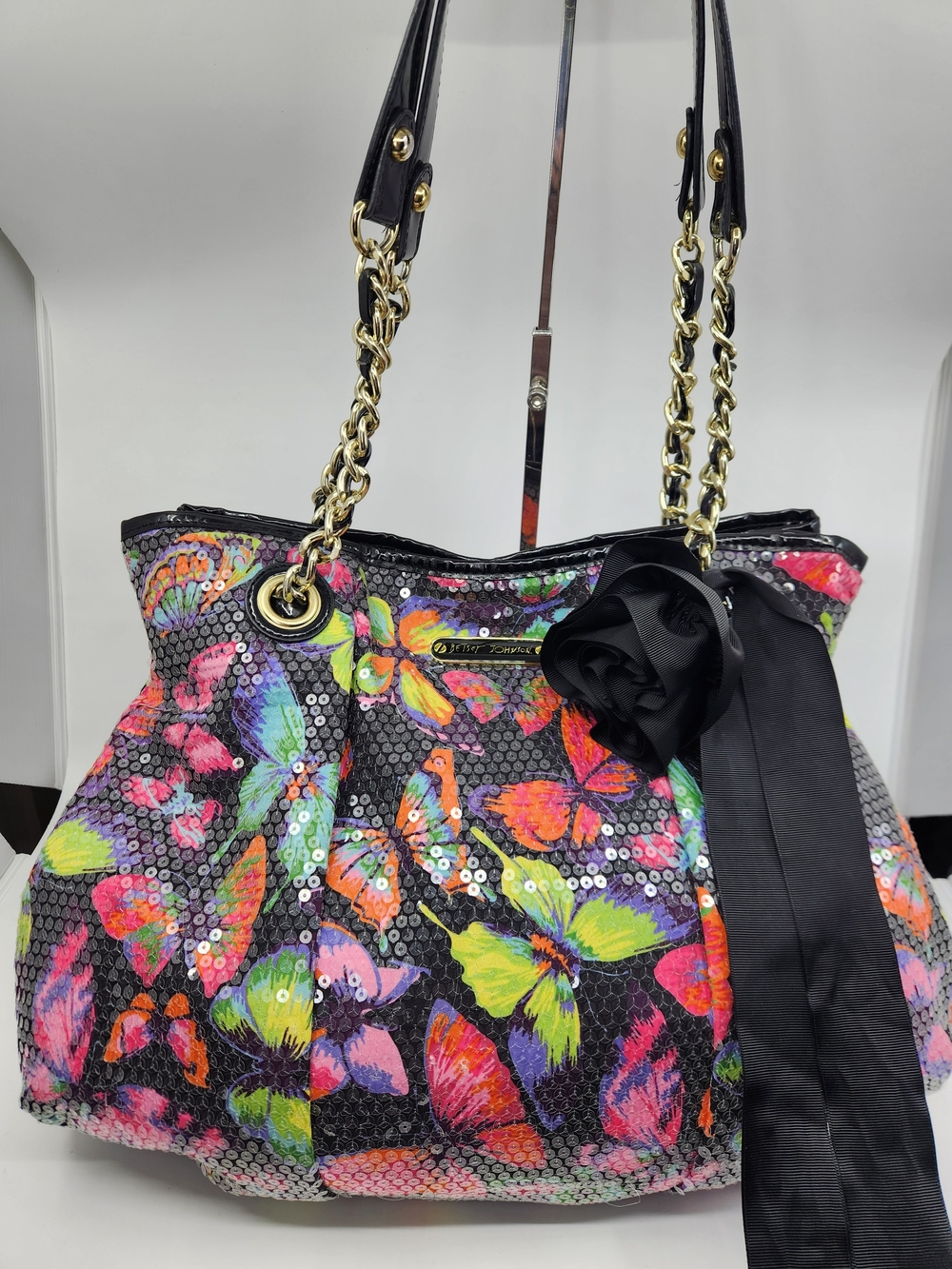 Betsey Johnson Butterfly Sequin Satchel Bag - Black